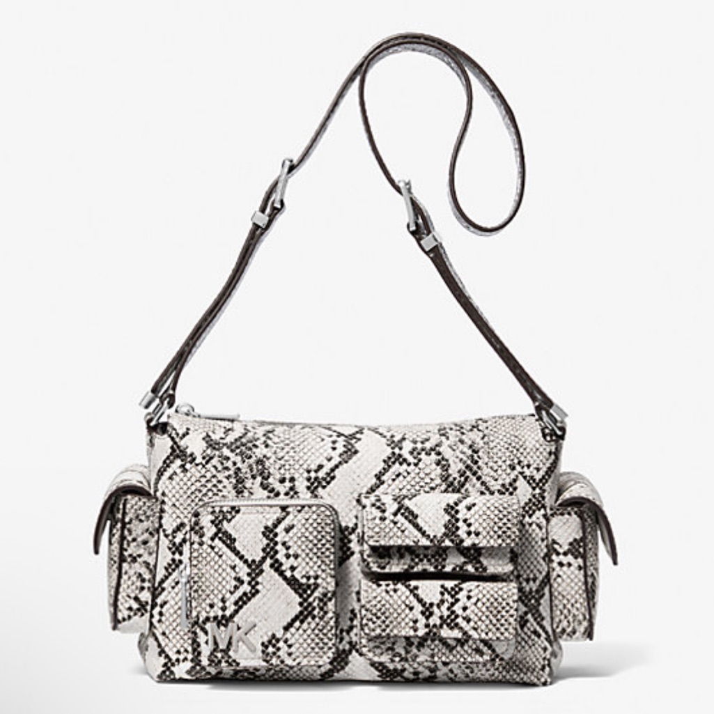 Michael Kors Dakota Md Snake Embossed Leather Pocket Shoulder Bag Aluminum Nwt